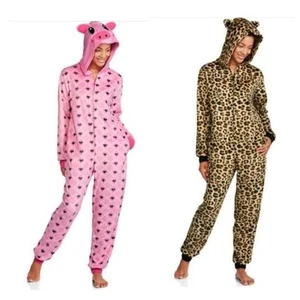 NEW Women's Fleece Hooded One Piece Pajamas Sleepwear S M L XL Cheetah Pig - Picture 1 of 4