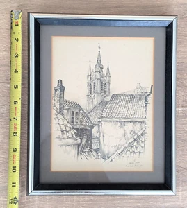 Gravure originale au crayon Oude Kerk Old Church Delft Pays-Bas Anton Pieck 1954 - Photo 1/9
