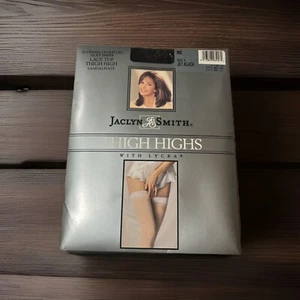 Jaclyn Smith THIGH HIGHS taglia A JET BLACK collant lycra pizzo top vintage NOS - Foto 1 di 7