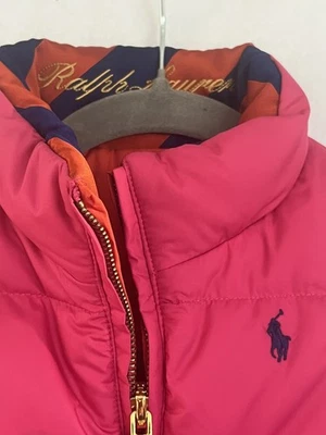 Ralph Lauren LOGO Puffer 背心女孩 6 粉色橙色双面羽绒全拉链 — 第 1/4 张图片