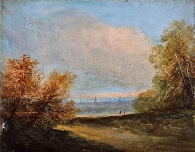 Figuras en un lago-costa Europa Central mediados del siglo XIX óleo sobre tabla c1850 sin firmar Foto 1 de 4