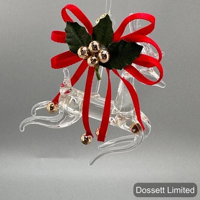 Adorno de Navidad de reno de vidrio Silvestri arco rojo acebo oro tintineo campanas Foto 1 de 4