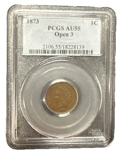 1873 Indian Head Small Cent - Open 3 - PCGS AU55 BN - Foto 1 di 2