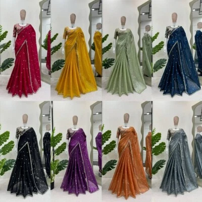 Blusa de sari de seda nupcial Sari de diseñador de sari Bollywood ropa de fiesta sur de la India Foto 1 de 4