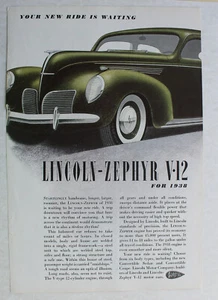 Lincoln - Zephyr V 12 Vintage Magazine Print Ads 1938 7 x 10 - Picture 1 of 1