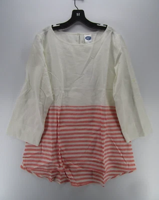 Diane Gilman DG2 Blouse Women Large White Pink Linen Pullover Top Roll Tab NEW - Изображение 1 из 4