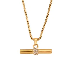 18K Gold Plated Micro Zircon Pave Bar Pendant Necklace - Picture 1 of 6