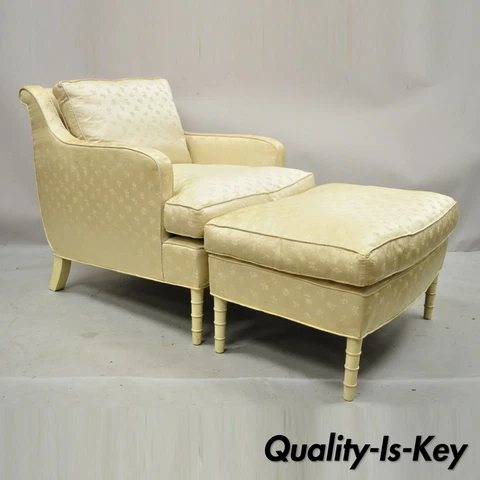 Vintage French Hollywood Regency Cream Painted Faux Bamboo Lounge Chair Ottoman Cover