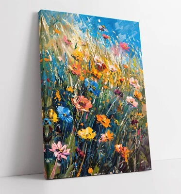 IMPRESSIONIST PAINTING OF WILD FLOWERS -FRAMED CANVAS WALL ART PICTURE PRINT - Image 1 of 2