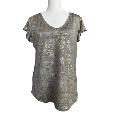 Blusa Top Carmen Marc Valvo Dorada Metálica Floral Grande Manga Acampanada Elástica Foto 1 de 4