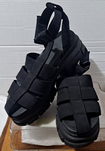 Sandali UGG donna cinturino Ashton in pelle nera taglia 12 plateau pescatore NUOVI
