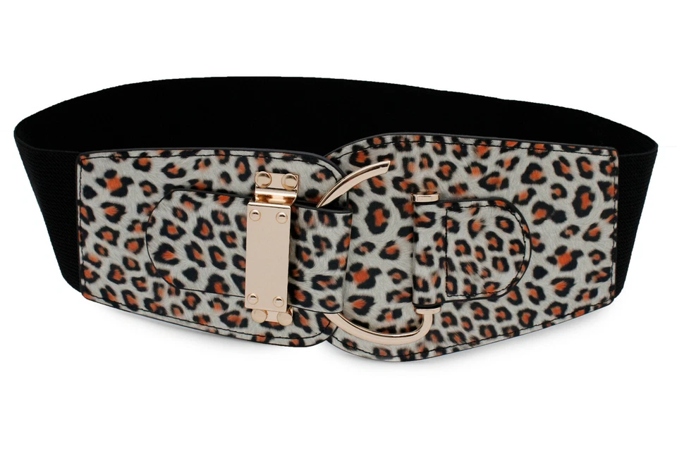 Mujeres Animal Print Leopardo Elastizado Imitación Cuero Ancho Cinturón Gancho Hebilla Talla L XL Foto 1 de 4