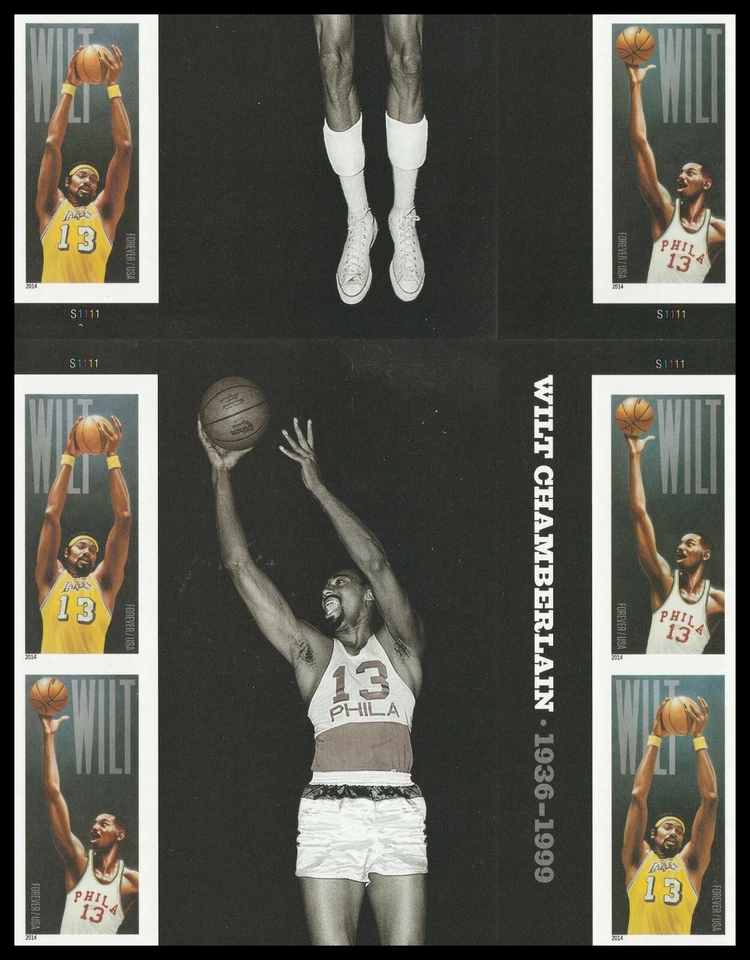 US 4951b Wilt Chamberlain imperf NDC cross gutter block 6 MNH 2014 - Image 1 of 1