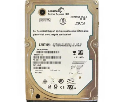 Seagate ST960813AS 9S113C-308 3.ALC (5YL) WU China 60gb 2.5" Sata HDD 09/2006 - Image 1 of 2