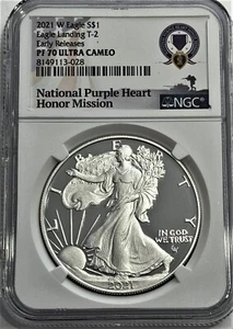 2021 W $1 T-2 NGC PF70 Ultra Cameo Proof Silver Eagle Landing ER Purple Heart - Picture 1 of 3