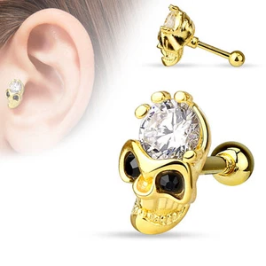 Skull CZ 14K Gold Plated Surgical Steel Helix Tragus Barbell Cartilage Earring - Picture 1 of 1