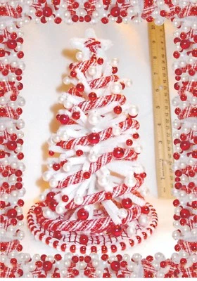 NEW 8"LIGHTED 1:12 WHITE CANDY-CANE DOLLHOUSE MINIATURE CHRISTMAS TREE+ORNAMENTS - Image 1 of 4