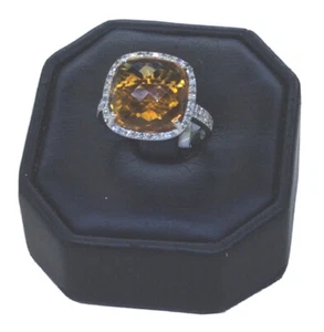 ANILLO BLING CÓCTEL MODERNO NARANJA MIEL CITRINO 14K ORO BLANCO HALO DIAMANTE - Imagen 1 de 6