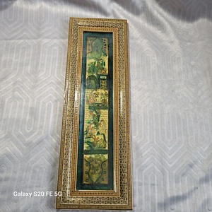 Vintage Persian Painting Khatam Inlaid Frame Hand Painted Festival Scene 20x7 - Bild 1 von 16