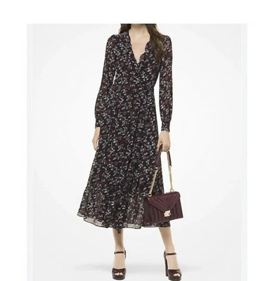 Michael Kors Gorgeous Botanical Georgette Wrap Midi Dress Medium - Image 1 of 4