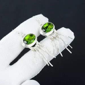 925 Sterling Silver Green Peridot Gemstone Handmade Jewelry Earring Size-1.5" - Picture 1 of 4