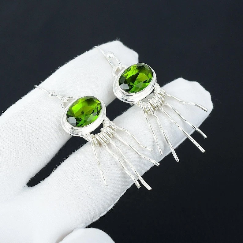925 Sterling Silver Green Peridot Gemstone Handmade Jewelry Earring Size-1.5" - Image 1 of 4