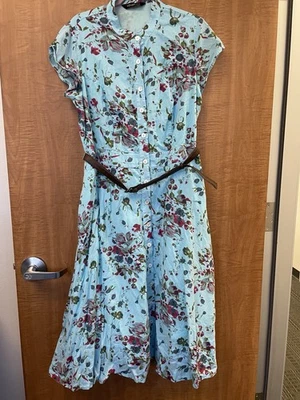 Женское платье eShakti, размер 18 Вт, короткое платье на пуговицах с карманами, синее, с цветочным рисунком - Изображение 1 из 4