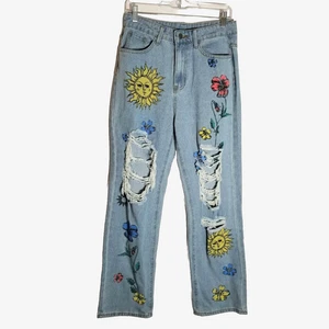 SHEIN Jeans Women's 6 High Rise Sun Floral Print Ripped Straight Blue Denim Boho - Picture 1 of 9
