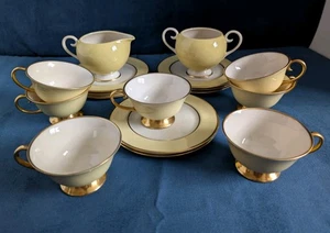 Selten Vintage Flintridge Porzellan Teeservice 17 Teile gelb goldener Rand Tasse Untertassen Milch Zucker - Bild 1 von 23