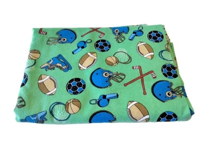All Things Sports Print Green Cotton Flannel Fabric 1.75 Yards 68x45 Boy Baby - Image 1 of 4