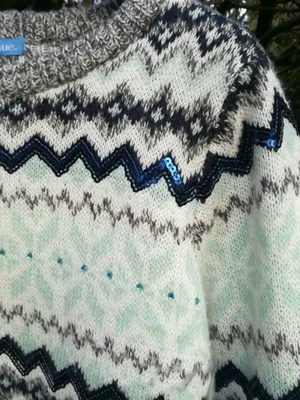 FAIRISLE NORDIC SEQUIN CHRISTMAS WINTER JUMPER TURQUOISE BLUE GREY SIZE 14 - Image 1 of 4
