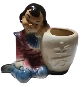 Vintage Royal Copley Pflanzgefäß kleines asiatisches Mädchen mit rotem & blauem Kleid und Fächer - Bild 1 von 10