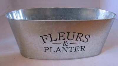 Tin Planter Fleurs Silver Black Oval 11 x 4 3/4 x 4 Tall Embossed Writing French - Image 1 of 4