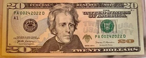 Fancy Serial Number PA 00242022 D $20 Dollar Bill 2017 A Low Fancy Number - Picture 1 of 2