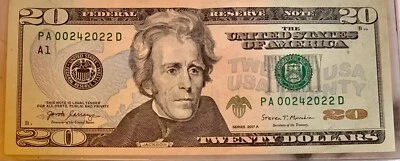 Fancy Serial Number PA 00242022 D $20 Dollar Bill 2017 A Low Fancy Number - Image 1 of 2
