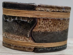 Double Wedge Ceramic Pottery Art Vase ~ Fiber Wrapped ~ Brown/ Grey - Picture 1 of 5