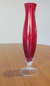 Mid Century Red Art Glass Bud Vase Clear Base 19cm tall - Picture 1 of 7