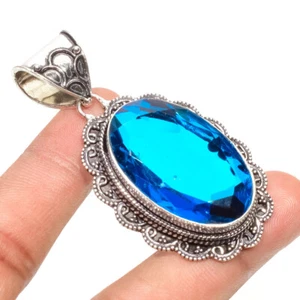 London Blue Topaz Gemstone Handmade 925 Sterling Silver Jewelry Pendant Sz 2.25" - Picture 1 of 6