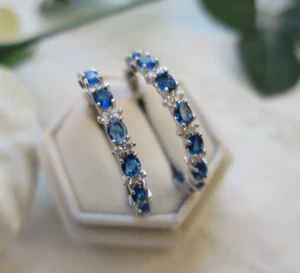 Vintage Deco design Jewellery White Gold Blue Sapphire Hoop Earrings - Picture 1 of 8