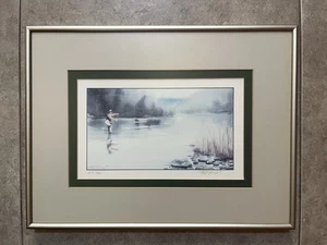 Fly Fisherman Abstract Landscape Watercolor Numbered Signed Painting Ray Young  - Picture 1 of 5