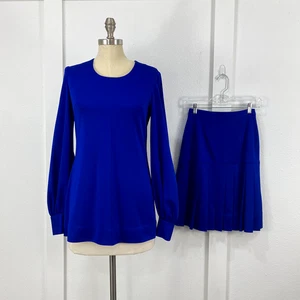 Anna Fay 2 Piece Skirt Suit Women's Small Blue Long Sleeve Girl Boss Y2K Pleats - Picture 1 of 16