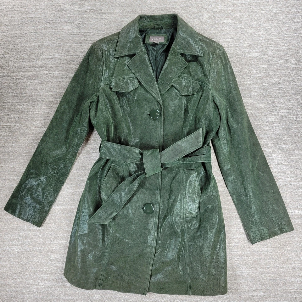 Trench coat feminino Kenar couro verde com cinto 8 jaqueta em relevo líquido  - Imagem 1 de 4