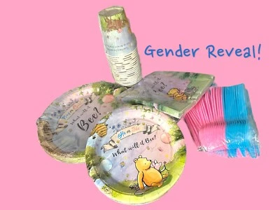 Gender Reveal Baby Shower Party Boy Girl Winnie The Pooh Plates Cups Utensils 24 - Image 1 of 4