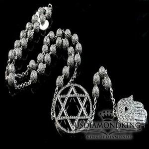 Black Gold Finish Lab Diamond Bead Ball 6 Point Star Hamsa Chain Rosary Necklace - Picture 1 of 6