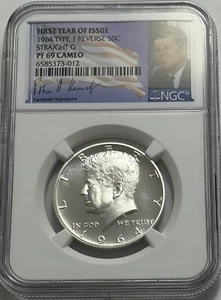 1964 NGC PF69 Cameo Proof Type 1 Straight G Silver Kennedy Half JFK Coin 50c - Picture 1 of 3