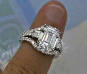 Anello di fidanzamento set sposa 3 ct smeraldo creato in laboratorio placcato oro bianco massiccio 14 carati - Foto 1 di 4