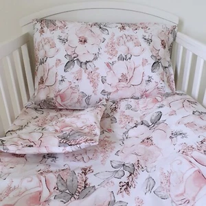 Pastel Pink Flowers COT BEDDING SET DUVET COVER PILLOWCASE, BABY Girl, COTTON - Picture 1 of 6