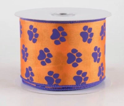 Estampa de pata roxa cetim laranja com fio 2,5" fita patas de cachorro gato animal de estimação rolo de 10 jardas - Imagem 1 de 2