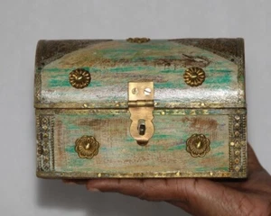 Original Antique Handcrafted Green Painted Wooden Jewelry Storage Box - Picture 1 of 8