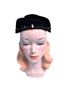 50s 60s Vintage Black Velvet Pillbox Hat with Rhinestones - Picture 1 of 5